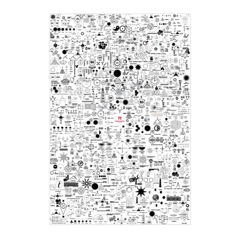 The Digital Download Poster features a dense grid of hundreds of small black scientific and math symbols, formulas, and diagrams on a white background with π in red at the center. Available as a high-resolution PDF.
