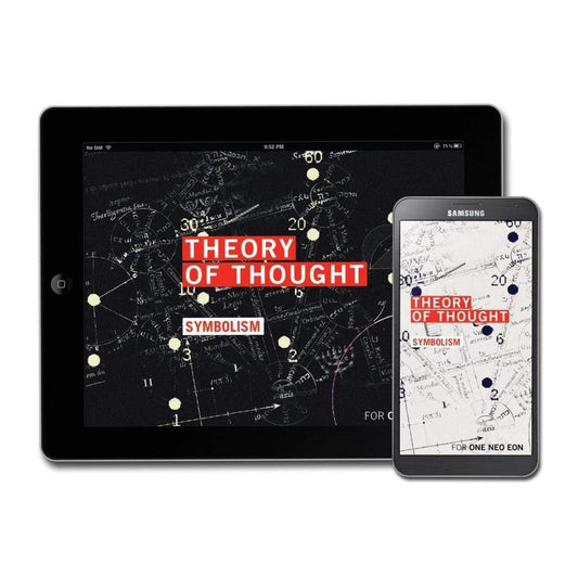 A tablet and smartphone show the Digital eBook "Theory of Thought: Symbolism," with abstract diagrams and striking red-and-white text on contrasting backgrounds, delving into philosophy and the theory of symbols.