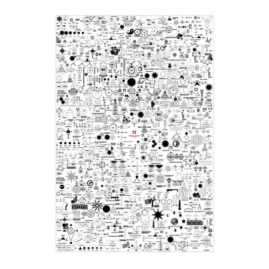 The Digital Download Poster features a dense grid of hundreds of small black scientific and math symbols, formulas, and diagrams on a white background with π in red at the center. Available as a high-resolution PDF.